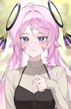 1girl absurdres alternate_costume black_overalls blue_eyes blush braid breasts brown_shirt citlali_(genshin_impact) closed_mouth commentary_request facial_mark floating_headgear forehead_mark genshin_impact hair_between_eyes hair_intakes headgear highres jewelry long_hair long_sleeves looking_at_viewer necklace overalls pink_hair pink_pupils shirt simple_background solo triangle triangle_facial_mark twin_braids y91210666