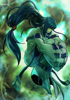 1girl absurdres artist_name black_hair c.c. c.c._(cosplay) closed_eyes code_geass cosplay final_fantasy final_fantasy_vii floating full_body gag hair_tie highres hugging_own_legs improvised_gag jacket long_hair low-tied_long_hair mochi_mangaka restrained single_sidelock sleeves_past_fingers sleeves_past_wrists solo straitjacket tape tape_gag tifa_lockhart white_jacket