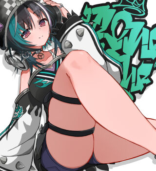 Rule 34 | 1girl, absurdres, bare shoulders, black choker, black hair, breasts, choker, commentary, green hair, hat, headphones, highres, hololive, jewelry, large breasts, legband, looking at viewer, mk haku, multicolored hair, red eyes, rindo chihaya, rindo chihaya (1st costume), simple background, smile, solo, thick thighs, thighs, untranslatable commentary, virtual youtuber