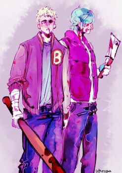 2boys baseball_bat biker_(hotline_miami) blonde_hair blood blood_on_face bloody_weapon cleaver commentary cowboy_shot english_commentary grey_background holding holding_baseball_bat holding_cleaver hotline_miami jacket jacket_(hotline_miami) letterman_jacket looking_at_viewer male_focus multiple_boys pants purple_eyes purple_pants purple_sweater_vest shirt short_hair sweater_vest umeyama_(toma23) weapon white_shirt