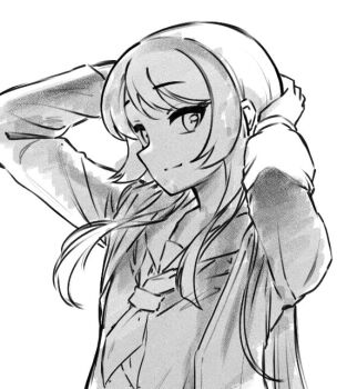 1girl arms_up bang_dream! bang_dream!_it&#039;s_mygo!!!!! chihaya_anon closed_mouth commentary greyscale jiwon_(sj1) long_hair monochrome neckerchief simple_background solo unfinished upper_body white_background