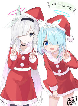 2girls absurdres arona_(blue_archive) black_hairband black_pantyhose blue_archive blue_eyes blue_hair blush bow_hairband braid breasts choker colored_inner_hair dress fur-trimmed_headwear fur_trim grey_eyes hair_over_one_eye hairband halo hat highres long_hair long_sleeves looking_at_viewer multicolored_hair multiple_girls open_mouth pantyhose pink_hair plana_(blue_archive) red_dress red_hat santa_hat sen_(astronomy) short_hair side_braid small_breasts smile thighs translation_request very_long_hair white_hair white_hairband