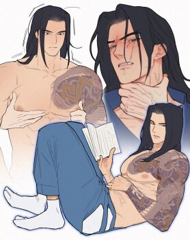 1boy arm_tattoo black_eyes black_hair blue_pants blue_shirt blush book chest_tattoo clenched_teeth collarbone commentary_request crying crying_with_eyes_open forked_eyebrows hand_on_another&#039;s_neck hands_on_another&#039;s_chest hanzo_(overwatch) highres holding holding_book kkikki_kiki korean_commentary long_hair male_focus multiple_views nude open_book overwatch pants parted_hair shirt socks strangling tattoo tears teeth topless_male veins veiny_hands veiny_neck white_socks young_hanzo