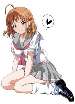 absurdres ahoge between_legs black_shoes bow brown_hair closed_mouth collarbone commentary_request full_body grey_sailor_collar grey_skirt hair_bow hand_between_legs heart highres loafers looking_at_viewer loose_socks love_live! love_live!_sunshine!! pleated_skirt red_eyes sailor_collar school_uniform serafuku shirt shoes short_sleeves simple_background sitting skirt smile socks spoken_heart takami_chika wariza white_background white_shirt white_socks yellow_bow zaofeng
