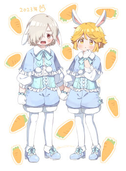 2boys :o aged_down albino alternate_costume andrew_kreiss animal_ears blonde_hair blue_bow blue_bowtie blue_capelet blue_shoes blush bow bowtie capelet child dated frilled_capelet frilled_shirt frills gloves hair_over_one_eye highres holding_hands identity_v looking_at_viewer lop_rabbit_ears male_focus moio3oiom multiple_boys no_nose open_mouth pantyhose puffy_shorts rabbit_boy rabbit_ears raised_eyebrows red_eyes shirt shoes shorts tareme victor_grantz white_gloves white_pantyhose yellow_eyes