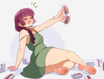 1girl absurdres alcohol_carton bare_legs bare_shoulders barefoot black_nails blunt_bangs blush bocchi_the_rock! braid closed_eyes commentary dress drink_carton drunk english_commentary fang feet full_body green_dress highres hiroi_kikuri holding holding_drink_carton long_hair motion_lines open_mouth purple_hair simple_background sleeveless sleeveless_dress soles solo squeezable_(squeezabledraws) toes white_background