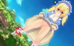 1girl 3d animated anus bench blonde_hair blush censored cleft_of_venus clothes_lift custom_maid_3d_2 dress dress_lift eguze_(sho1013) female_focus flower hairdressing heavy_breathing lifting_own_clothes loli mosaic_censoring no_panties outdoors pee peeing pumping pussy solo standing steam video watering watering_with_pee