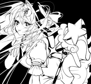 1girl bow bowtie dress gloves hair_bow hairband hand_on_own_face hatsune_miku holding holding_staff ima_sugu_rinne_(vocaloid) long_hair mage_staff magical_girl monochrome parted_lips short_sleeves solo staff star-shaped_pupils star_(symbol) symbol-shaped_pupils twintails very_long_hair vocaloid yamori_shiki
