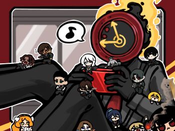 1other 6+boys 6+girls charon_(project_moon) clock commentary_request dante_(limbus_company) don_quixote_(project_moon) everyone faust_(project_moon) gregor_(project_moon) heathcliff_(project_moon) highres hong_lu_(project_moon) ishmael_(project_moon) korean_commentary limbus_company meursault_(project_moon) multiple_boys multiple_girls musical_note nra_3614 object_head outis_(project_moon) project_moon rodion_(project_moon) ryoshu_(project_moon) sinclair_(project_moon) speech_bubble spoken_musical_note vergilius_(project_moon) yi_sang_(project_moon)