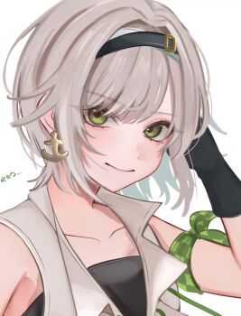 alternate_costume anchor_earrings bandana bandana_around_arm berrytrt black_gloves black_hairband black_tube_top checkered_bandana closed_mouth coat collar earrings eyes_visible_through_hair gloves gold_earrings green_bandana green_eyes grey_hair hairband hinomori_shiho jewelry looking_at_viewer project_sekai romaji_text short_hair single_earring sleeveless sleeveless_coat smile strapless tube_top white_hairband