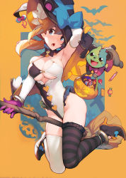 1girl absurdres arm_up armpits asymmetrical_legwear ataruman bangle bare_shoulders black_hat black_shoes black_skirt black_thighhighs blue_eyes bracelet breasts broom broom_riding candy cleavage clothing_cutout elbow_gloves food gloves halloween halloween_bucket halterneck hat high_heels highleg highleg_leotard highres indie_virtual_youtuber jewelry large_breasts legs_up leotard lollipop looking_at_viewer microskirt mismatched_legwear open_mouth orange_background orange_hair original panda samantha_(admiral_bahroo) shoes short_hair single_thighhigh skirt solo spaghetti_strap thighhighs thighs two-tone_background umeru_(admiral_bahroo) underboob_cutout virtual_youtuber white_gloves white_leotard witch witch_hat