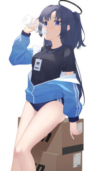 1girl absurdres bare_legs black_halo black_shirt blue_archive blue_buruma blue_jacket bottle box breasts buruma cardboard_box collared_jacket commentary drinking feet_out_of_frame gym_uniform halo highres holding holding_bottle id_card jacket jacket_partially_removed knees legs ling_yin long_hair long_sleeves looking_at_viewer mechanical_halo medium_breasts millennium_science_school_logo official_alternate_costume on_box one_side_up parted_bangs partially_open_jacket puffy_long_sleeves puffy_sleeves purple_eyes purple_hair shirt short_sleeves sidelocks simple_background sitting sitting_on_box solo star_(symbol) star_sticker sticker sticker_on_face sweat t-shirt track_jacket water_bottle white_background yuuka_(blue_archive) yuuka_(track)_(blue_archive) zipper