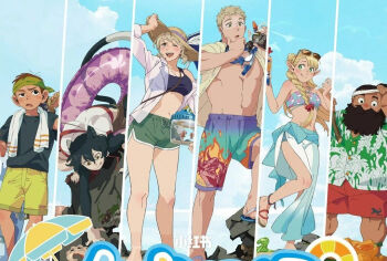 3boys 3girls abs bandana barnacle beach bikini black_hair black_shirt blonde_hair blue_sky brown_hair chilchuck_tims cloud commentary dungeon_meshi english_commentary falin_touden falin_touden_(tallman) food food_print fruit hawaiian_shirt innertube izutsumi laios_touden long_hair looking_at_object male_swimwear marcille_donato midriff multiple_boys multiple_girls mushroom_print official_art open_clothes open_mouth open_shirt outdoors rock sandals sarong senshi_(dungeon_meshi) shirt short_hair sky slime_(creature) snorkel swim_ring swim_trunks swimsuit tan tanline tentacles third-party_source towel towel_around_neck yellow_eyes