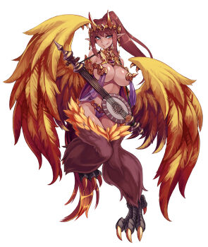 1girl bare_shoulders bird_wings blush breasts claws cleavage dark-skinned_female dark_skin feathered_wings female_focus full_body gandharva gandharva_(monster_girl_encyclopedia) grey_eyes harem_outfit harpy highres instrument kenkou_cross large_breasts licking_lips long_hair looking_at_viewer midriff monster_girl monster_girl_encyclopedia monster_girl_encyclopedia_ii navel official_art pasties pointy_ears ponytail red_eyes red_hair revealing_clothes revision simple_background smile solo tail tan tongue tongue_out white_background wings