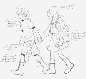 1boy 1girl aerith_gainsborough aged_down alternate_universe boots child cloud_strife dress english_text final_fantasy final_fantasy_vii final_fantasy_vii_remake flower full_body greyscale hair_ribbon highres holding holding_flower holding_hands light_blush long_hair low_ponytail medium_hair mmmckayyy monochrome official_alternate_costume open_mouth parted_bangs ponytail ribbon shirt shirt_under_dress shorts sidelocks sketch socks speech_bubble spiked_hair t-shirt talking white_background white_shirt