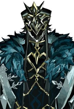 1boy armor black_hair black_helmet black_shirt blue_feathers capitano_(genshin_impact) collared_shirt commentary feathers genshin_impact gold_trim hashtag-only_commentary helmet highres long_hair male_focus msn_02 portrait shirt simple_background solo straight-on white_background