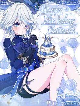 &quot;pour_la_justice&quot;_(genshin_impact) 1girl ahoge ascot awa_boshi black_gloves blue_ascot blue_bow blue_eyes blue_hair blue_hat blue_jacket blush bow cake character_name commentary_request drop-shaped_pupils feet_out_of_frame food fork furina_(genshin_impact) genshin_impact gloves hair_between_eyes happy_birthday hat heterochromia highres holding holding_cake holding_food holding_fork hydro_symbol_(genshin_impact) jacket long_sleeves looking_at_viewer medium_hair mismatched_pupils multicolored_hair open_mouth sitting solo streaked_hair symbol-shaped_pupils thigh_strap top_hat twitter_username vision_(genshin_impact) white_hair