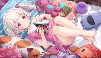 1girl absurdres barefoot bed_sheet blush commentary comodox english_commentary flat_chest highres holding indoors lying on_back original smile solo stuffed_animal stuffed_toy twintails