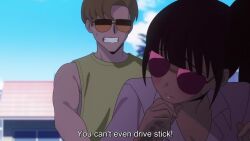 1boy 2girls against_wall animated anime_screenshot arm_behind_head ass black_bra blonde_hair blush bouncing_breasts bra bra_peek breasts buttons cleavage close-up clothed_sex condom doggystyle glasses gradient_hair green_shirt heart heart_necklace highres hilarious jewelry katagiri_nanase large_breasts long_hair mole mole_under_eye multicolored_hair multiple_girls necklace nukigee_mitai_na_shima_ni_sunderu_watashi_wa_dou_surya_ii_desu_ka? ponytail red_hair red_skirt seductive_smile sex sex_from_behind shirt sidelocks skirt smile sound standing standing_sex subtitled tagme thigh_strap torso_grab two-tone_hair underwear used_condom vaginal video white_shirt yellow_eyes