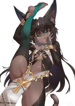 1girl absurdres ancient_egyptian_clothes animal_ears ankh armpits bodystocking breasts brown_hair cat_ears cat_girl cat_tail dancer dark-skinned_female dark_skin eyebrows_hidden_by_hair fellatio_gesture flexible green_eyes highres hinanawi_mika jewelry loli long_hair looking_at_viewer nail_polish navel_piercing necklace open_mouth original piercing see-through_clothes see-through_veil simple_background slit_pupils small_breasts smile soles solo split standing standing_on_one_leg standing_split tail toes tongue tongue_out veil very_long_hair white_background