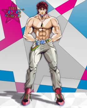 1boy abs anime_coloring arms_behind_back belt belt_buckle birthmark boots buckle choker commentary denim earrings full_body genda_art green_belt grey_eyes grey_pants jeans jewelry joestar_birthmark jojo_no_kimyou_na_bouken jonathan_joestar logo looking_at_viewer male_focus manly messy_hair muscular muscular_male necklace official_style pants pectorals phantom_blood recolored red_belt red_boots red_choker red_hair shadow solo stone_mask_(jojo) stud_earrings topless_male triangle_print yellow_lips