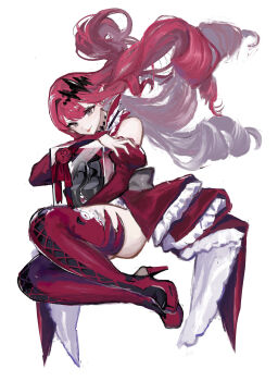 1girl :p absurdres ass baobhan_sith_(fate) baobhan_sith_(first_ascension)_(fate) bare_shoulders boots box detached_sleeves dress fate/grand_order fate_(series) frilled_dress frills full_body gift grey_eyes hair_ornament high_heel_boots high_heels highres holding holding_box holding_gift long_hair looking_at_viewer pink_hair platform_boots platform_footwear platform_heels pointy_ears red_boots red_dress red_nails shizaki sidelocks smile solo thigh_boots tongue tongue_out white_background