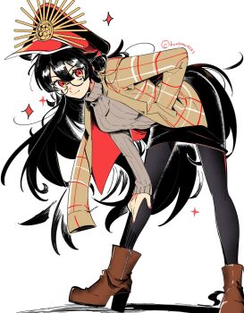 Rule 34 | 1girl, alternate costume, blunt bangs, boots, breasts, brown boots, casual, commentary request, fate/grand order, fate (series), full body, glasses, grey sweater, hair between eyes, hand in pocket, hand on own knee, hat, high heel boots, high heels, highres, jacket, jacket on shoulders, kuriimu0203, leaning forward, long hair, looking at mirror, medium breasts, mirror, nail polish, oda nobunaga (fate), oda uri, pantyhose, peaked cap, pencil skirt, red eyes, red nails, ribbed sweater, skirt, solo, standing, sweater, turtleneck, turtleneck sweater, very long hair
