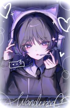 1boy commentary dfee_0222 genshin_impact hands_on_headwear hands_up headphones headset heart highres long_sleeves looking_at_viewer open_mouth scaramouche_(genshin_impact) solo sparkle symbol-only_commentary wanderer_(genshin_impact) writing