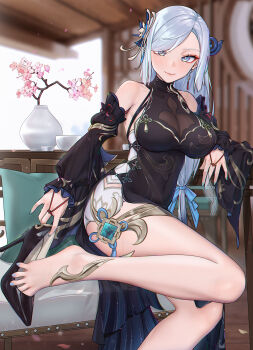 1girl absurdres adjusting_clothes adjusting_shoe breasts cleavage_cutout clothing_cutout feet genshin_impact grey_hair high_heels highres long_hair looking_at_viewer nail_polish qizhu shenhe_(frostflower_dew)_(genshin_impact) shenhe_(genshin_impact) shoes smile toenail_polish toenails toes unworn_shoes