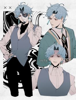 1boy aged_down ahoge akademiya_uniform aqua_jacket black_background black_pants black_shirt blue_gem blue_vest closed_mouth collared_shirt commentary_request cowboy_shot dottore_(genshin_impact) dottore_(manga)_(genshin_impact) earrings empty_eyes fingernails gem genshin_impact hand_on_own_hip hand_up highres jacket jewelry kupitaro_732 long_sleeves looking_at_viewer looking_to_the_side male_focus mandarin_collar multiple_views open_clothes open_jacket pants parted_bangs pendant red_eyes sharp_teeth shirt single_earring standing sweat teeth two-tone_background upper_body v-shaped_eyebrows vest white_background white_mask white_shirt wing_collar