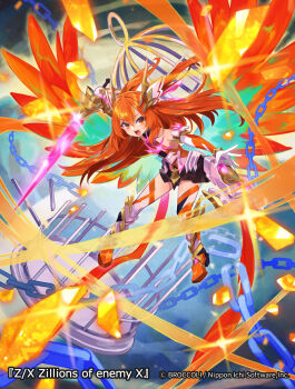 1girl bare_shoulders birdcage black_dress boots broken broken_chain cage chain character_request commentary_request dress elbow_gloves gloves hair_between_eyes highres holding holding_sword holding_weapon looking_at_viewer official_art open_mouth orange_boots orange_eyes orange_hair pleated_dress solo sword thighhighs thighhighs_under_boots two_side_up v-shaped_eyebrows weapon white_gloves white_thighhighs yuko_(uc_yuk) z/x