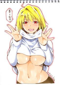 1girl ahoge arcueid_brunestud areola_slip blonde_hair blush breasts brown_pantyhose clothes_lift commentary_request hair_intakes huge_breasts kiasa midriff pantyhose red_eyes smile solo sweater sweater_lift traditional_media tsukihime turtleneck turtleneck_sweater undressing white_sweater wide_sleeves