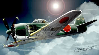 1boy aircraft artist_name cloud cloudy_sky flying imperial_japanese_navy lens_flare matsuda_juukou military n1k original propeller roundel sky solo