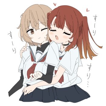 2girls black_choker black_shirt black_skirt blush brown_eyes brown_hair choker closed_eyes commentary_request giryu heart highres hug hug_from_behind layered_sleeves long_sleeves multiple_girls neckerchief one_eye_closed open_mouth pleated_skirt red_hair red_neckerchief sailor_collar shirt short_over_long_sleeves short_sleeves simple_background skirt smile translation_request two_side_up undershirt watashi_wo_tabetai_hitodenashi white_background white_sailor_collar white_shirt yaotose_hinako yashiro_miko yuri