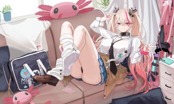 Rule 34 | 1girl, 96mako, animal hair ornament, ass, bear trap, belt collar, black necktie, black panties, blue skirt, breasts, cardigan, cardigan around waist, cleavage, clothes around waist, collar, couch, dog hair ornament, double v, facial mark, fang, fang out, goddess of victory: nikke, hair ornament, heart, heart facial mark, highres, jackal (class troublemaker) (nikke), jackal (nikke), light smile, loose necktie, loose socks, medium breasts, multicolored hair, necktie, official alternate costume, on couch, panties, pleated skirt, ribbed socks, school uniform, shirt, skirt, socks, solo, sparkle facial mark, streaked hair, stuffed axolotl, thighs, twintails, underwear, v, white shirt