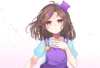 1girl blob brown_eyes brown_hair centi_(nimu) dress hair_ornament hairclip highres indie_virtual_youtuber kana616 nimu_(vtuber) nimu_(vtuber)_(1st_costume) purple_dress see-through_clothes see-through_shirt shirt short_hair smile solo star_(symbol) virtual_youtuber