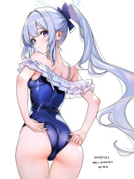 1girl adjusting_clothes adjusting_swimsuit ass blue_archive blue_one-piece_swimsuit breasts casual_one-piece_swimsuit commentary_request frilled_one-piece_swimsuit frills from_behind grey_hair hanako_(peanut) highres looking_at_viewer looking_back miyako_(blue_archive) miyako_(swimsuit)_(blue_archive) off-shoulder_one-piece_swimsuit off_shoulder official_alternate_costume one-piece_swimsuit purple_eyes simple_background small_breasts solo swimsuit white_background
