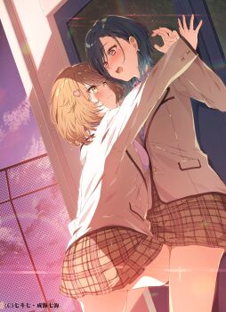 2girls absurdres artist_name blush earrings eye_contact hair_ornament heart heart_hair_ornament highres jewelry kabedon leg_between_thighs looking_at_another mole mole_under_eye multiple_girls narumi_nanami original rooftop school_uniform second-party_source sunlight