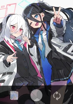 2girls ;d @_@ absurdres aqua_halo aris_(blue_archive) black_bow black_hair black_hairband black_skirt black_thighhighs black_vest blue_archive blue_eyes blue_necktie bow bright_pupils closed_mouth collared_shirt commentary cowboy_shot dutch_angle embarrassed fidgeting furrowed_brow hair_bow hairband half_updo halo hands_up happy highres jacket kei_(blue_archive) kei_(new_body)_(blue_archive) long_hair looking_at_viewer miniskirt multiple_girls necktie one_eye_closed one_side_up open_clothes open_jacket open_mouth outstretched_arm photo_(object) pink_halo pleated_skirt rectangular_halo red_eyes ringed_eyes school_uniform shirt simple_background skirt smile split_mouth thighhighs v very_long_hair vest wavy_mouth white_background white_hair white_jacket white_pupils white_shirt yakihoko zettai_ryouiki