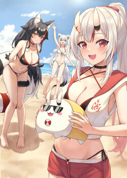 3girls absurdres ahoge animal_ear_fluff animal_ears arm_up arms_behind_back beach bikini black_bikini black_choker black_hair braid breasts choker cleavage cloud cloudy_sky commentary_request day dutch_angle fox_ears fox_girl fox_tail green_eyes hair_between_eyes highres holding holding_swim_ring hololive holonatsu_paradise horns innertube large_breasts leeshin0919 long_hair looking_at_viewer medium_breasts multicolored_hair multiple_girls nakiri_ayame ocean ookami_mio pentagram ponytail poyoyo_(nakiri_ayame) red_choker red_eyes red_hair shirakami_fubuki sidelocks single_braid skin-covered_horns sky streaked_hair swim_ring swimsuit tail virtual_youtuber waving white_bikini white_hair wolf_ears wolf_girl wolf_tail yellow_eyes