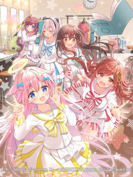 5girls black_hair black_hairband blue_bow blue_eyes book bow bowtie braid braided_hair_rings brown_eyes brown_hair clock closed_eyes clothes_hanger clothes_rack copyright_notice demon_horns dressing_room feathered_wings green_bow grey_hair hair_bow hair_ornament hair_rings hairband hairclip halo holding horns idol_clothes indoors long_hair marie_(z/x) mirror multiple_girls nu_(z/x) official_art open_book open_mouth pecteilis pink_hair plastic_bottle pointy_ears prism_(z/x) purple_hair script serino_itsuki shirt skirt sparkle star_(symbol) star_hair_ornament stool striped_bow striped_bowtie striped_clothes surprised tears traditional_halo ugly_(z/x) v very_long_hair wall_clock white_bow white_shirt white_skirt wings yellow_eyes z/x