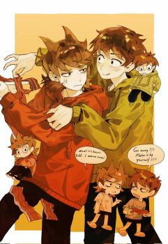 2boys animification annoyed bacon black_pants blush border brown_hair chibi chibi_inset commentary corrupted_twitter_file edd_(eddsworld) eddsworld english_text engrish_text food food_theft green_hoodie grey_shirt hair_ears hashtag-only_commentary highres holding holding_plate hood hood_down hoodie long_sleeves luobxd male_focus multiple_boys multiple_views pants plate ranguage red_hoodie shirt short_hair simple_background speech_bubble tongue tongue_out tord_(eddsworld) white_border yellow_background