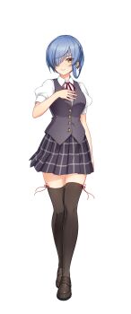 1girl artist_request black_skirt blue_hair brown_eyes brown_shoes brown_thighhighs brown_vest cinderella_series closed_mouth hachigatsu_no_cinderella_nine hair_over_one_eye hand_on_own_chest highres light_smile looking_at_viewer neck_ribbon official_art plaid_clothes plaid_skirt red_ribbon ribbon school_uniform shirt shoes short_hair short_sleeves skirt solo thighhighs toudou_taira transparent_background vest white_shirt