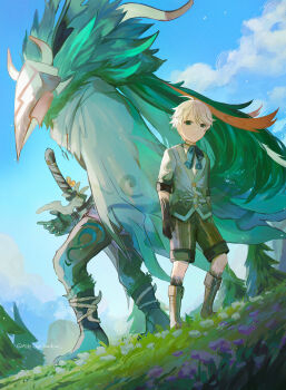 1boy aqua_jacket black_hands blue_sky boots brown_boots brown_shorts caterpillar_(genshin_impact) cloak colored_extremities commentary dual_persona english_commentary genshin_impact grass green_eyes highres hilichurl_rogue_(genshin_impact) jacket outdoors ribbon shirt short_hair shorts sky tide_of_hadean tree white_hair white_shirt