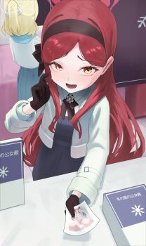 2girls absurdres black_bow black_bowtie black_gloves black_hairband blonde_hair blue_archive book bow bowtie bra dress gloves grey_dress hairband halo hashtag-only_commentary highres holding holding_photo jacket long_hair long_sleeves multiple_girls open_clothes open_mouth panties photo_(object) pointing pointing_at_self polaroid_photo red_hair red_halo risuuuu school_uniform serafuku skirt table takane_(blue_archive) trinity_student_(blue_archive) underwear white_bra white_jacket white_panties yellow_eyes