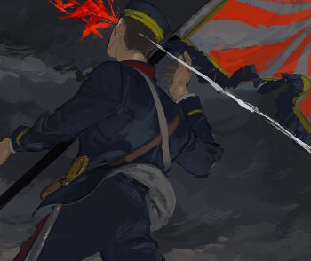 1boy alternate_body_fluid bird blood blood_spray blue_jacket blue_pants brown_hair buzz_cut cowboy_shot crane_(animal) day death dropping facing_away flag from_behind golden_kamuy hanazawa_yusaku hat headshot jacket kepi long_sleeves male_focus military_hat military_uniform murder overcast pants projectile_trail rising_sun_flag saber_(weapon) sheath sheathed short_hair shoulder_strap sky solo standard_bearer standing sunburst sword symbolism tkrkve43 very_short_hair weapon