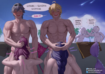 2girls 4boys aether_(genshin_impact) anger_vein blonde_hair blue_hair blush bra caelus_(honkai:_star_rail) closed_eyes company_connection completely_nude crossover english_text fellatio genshin_impact grabbing_another&#039;s_hair grey_hair head_grab heart hetero holding_another&#039;s_hair honkai:_star_rail honkai_(series) hug hug_and_suck jornyhail kafka_(honkai:_star_rail) long_hair mihoyo multiple_boys multiple_girls muscular muscular_male nude open_mouth oral outdoors purple_bra purple_hair raiden_shogun speech_bubble trailblazer_(honkai:_star_rail) underwear unworn_bra