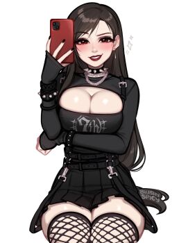 1girl alternate_costume arm_under_breasts black_choker black_hair black_nails blushyspicy breasts choker cleavage commentary earrings english_commentary final_fantasy final_fantasy_vii fishnet_thighhighs fishnets gloves gothic_lolita highres jewelry large_breasts lolita_fashion long_hair looking_at_viewer red_eyes red_lips selfie smile solo spiked_choker spikes teeth thighhighs tifa_lockhart