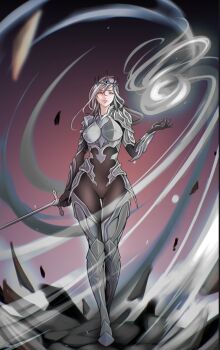 1girl armor ashes black_gloves breastplate commentary crown english_commentary full_body gloves grey_eyes hand_up highres holding holding_sword holding_weapon light_particles long_hair looking_at_viewer magic nephis_(shadow_slave) parted_lips robin871 shadow_slave shoulder_armor solo sword thigh_gap walking weapon white_hair