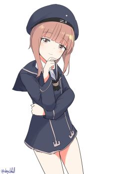 1girl absurdres black_neckerchief blue_dress blue_hat blue_sailor_collar blunt_bangs brown_eyes brown_hair clothes_writing cowboy_shot dress hand_on_own_chin hat highres kantai_collection neckerchief one-hour_drawing_challenge robinson_(day_l_full) sailor_collar sailor_dress sailor_hat short_hair sidelocks simple_background solo white_background z3_max_schultz_(kancolle)